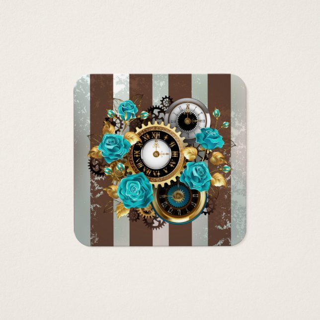 Cartes De Visite Steampunk Clock and Turquoise Roses on Striped (Devant)
