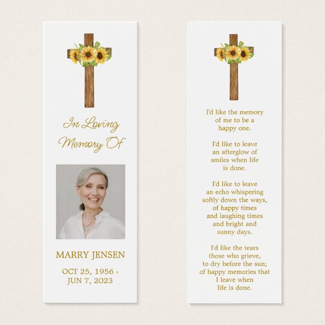 Cartes De Visite Sunflower Cross Photo Funeral Bookmark (Devant & derrière)