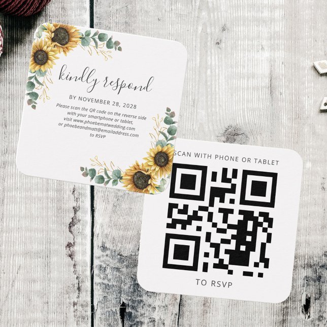 Cartes De Visite Sunflower Eucalyptus Site Mariage QR Code RSVP (Sunflower Eucalyptus Greenery Square RSVP with QR Code Card)