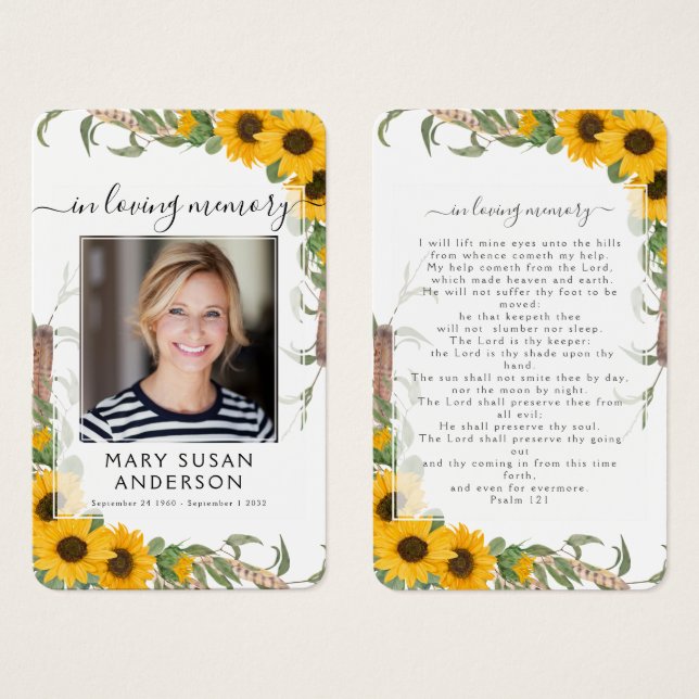 Cartes De Visite Sunflower Photo Funeral Memorial Prayer Card (Devant & derrière)