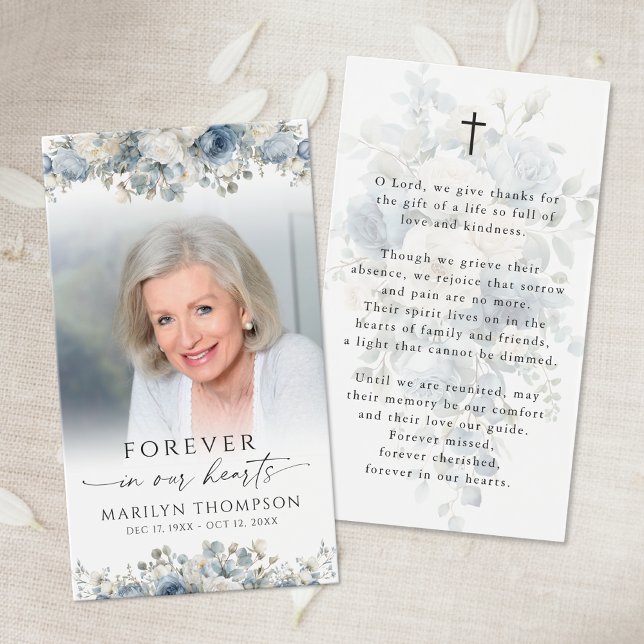 Cartes De Visite Sympathy Blue Floral Photo Cross Prayer Card (Créateur téléchargé)