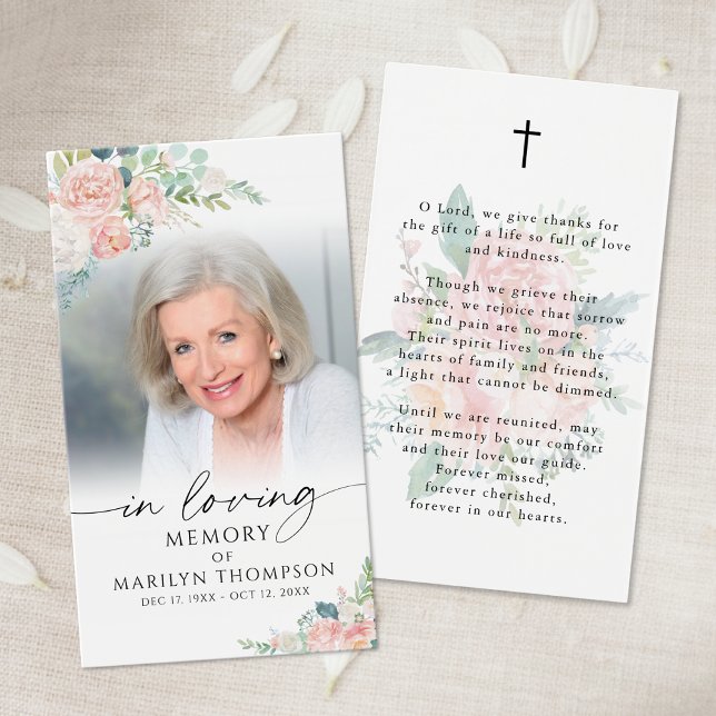 Cartes De Visite Sympathy Modern Pink Floral Photo Prayer Card (Créateur téléchargé)