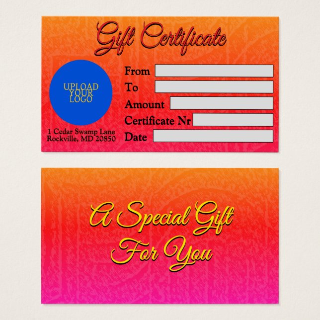 Cartes De Visite Traiter un certificat cadeau spécial (Devant & derrière)