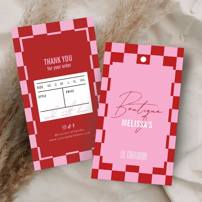 Cartes De Visite Trendy Retro Pink Clothing Boutique Price Hang Tag (trendy red and pink boutique clothing hang tags with groovy checkered background design)