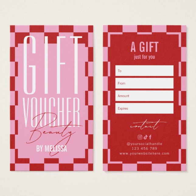 Cartes De Visite Trendy Retro Pink & Red Spa Salon Gift Voucher (Devant & derrière)