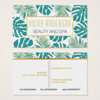 Cartes De Visite Turquoise bleu, or tropical monstère et feuilles d