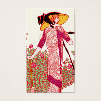 Cartes De Visite Une femme Art Nouveau branchée dans un jardin Rose