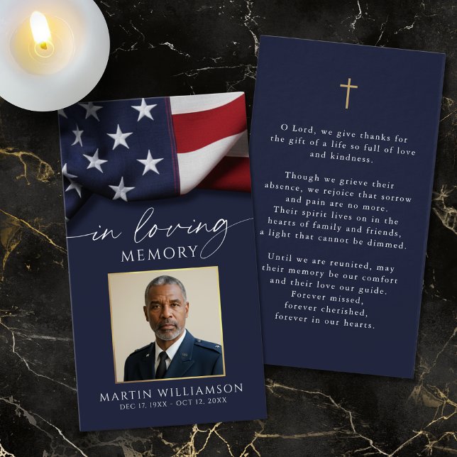 Cartes De Visite USA Flag Military Photo Cross Funeral Prayer Card (Créateur téléchargé)
