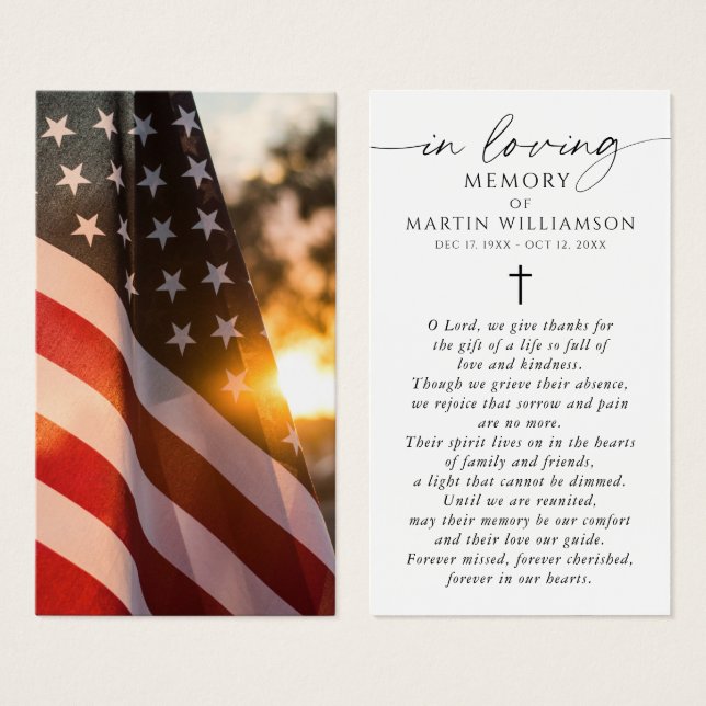 Cartes De Visite USA Flag Sympathy Funeral Memorial Prayer Card (Devant & derrière)