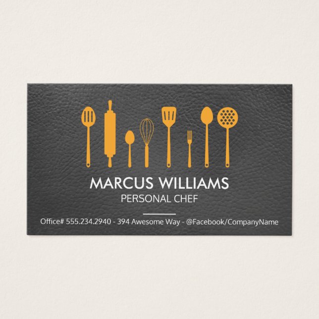 Cartes De Visite Ustensiles de restaurant | Chef exécutif | Cuir (Devant)