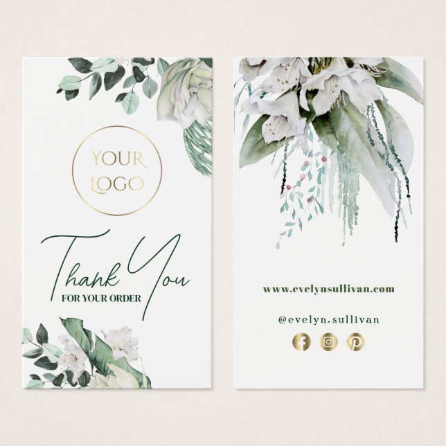 Cartes De Visite vert émeraude bouquet fleurs blanches insérer (Devant & derrière)