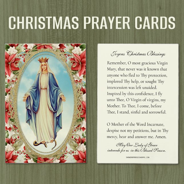 Cartes De Visite Vierge de Noël Marie Mémoire Prière Poinsettia (Christmas Memorare Prayer Cards - Our Lady of Grace )