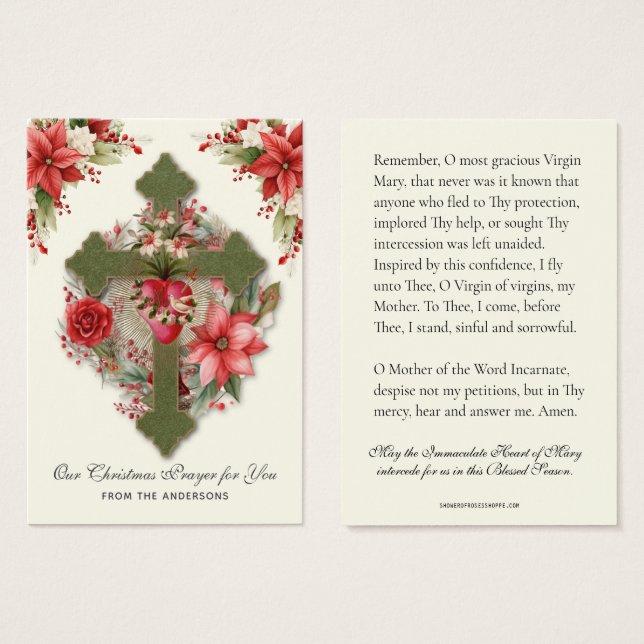 Cartes De Visite Vierge de Noël Marie Mémoire Prière Poinsettia (Devant & derrière)