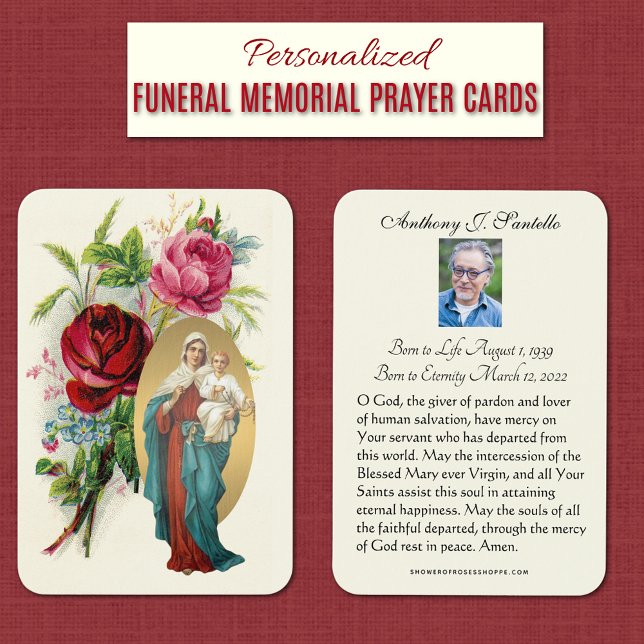 Cartes De Visite Vierge Marie Funérailles Prière (Catholic Funeral Memorial Prayer Cards with Jesus and Queen of the Holy Rosary
)