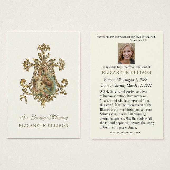 Cartes De Visite Vierge Marie MONT CARMEL Prière funéraire (Devant & derrière)