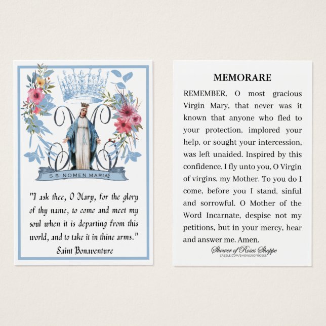 Cartes De Visite Vierge Marie Prière de mémoire religieuse catholiq (Devant & derrière)