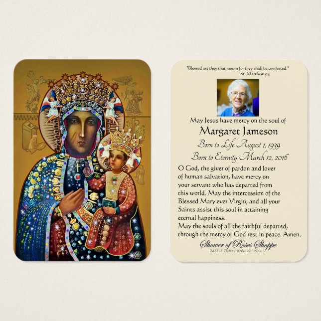 Cartes De Visite Vierge noire Marie Prière funéraire catholique (Devant & derrière)