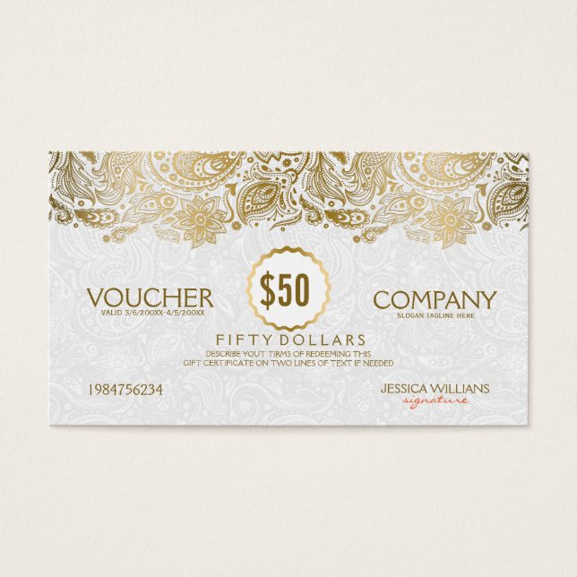 Cartes De Visite Voucher en dentelle blanc et or Paisley (Devant)
