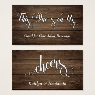 Cartes De Visite White Script on Rustic Brown Wood, Drink Tickets