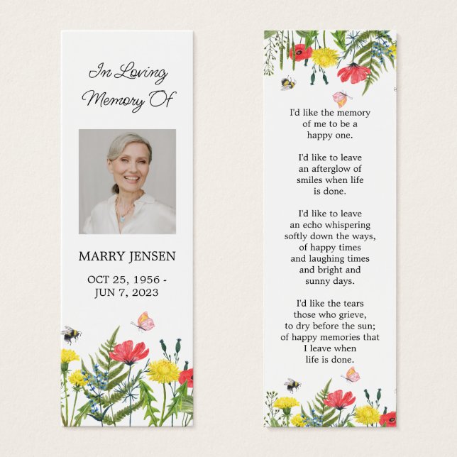 Cartes De Visite Wildflower Floral Photo Funeral Memorial Bookmark (Devant & derrière)