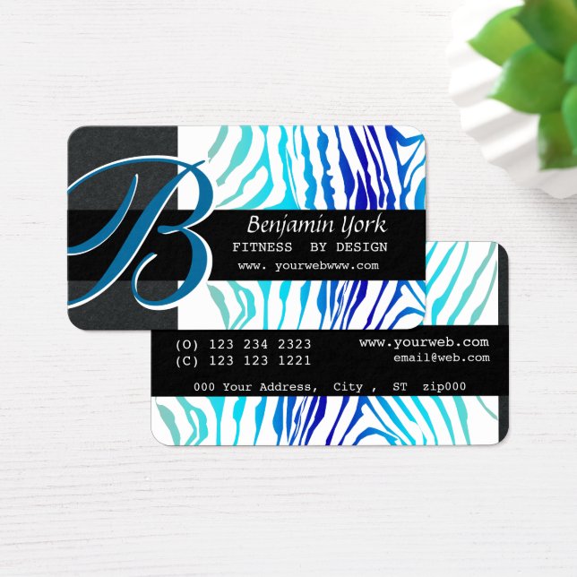 Cartes De Visite Zebra Stripes Turquoise bleu Bold Monogramme (Bureau)