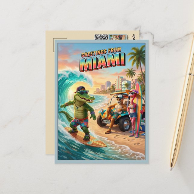 Cartes de vœux 3D de voyage à Miami (Devant/Arrière en situation)