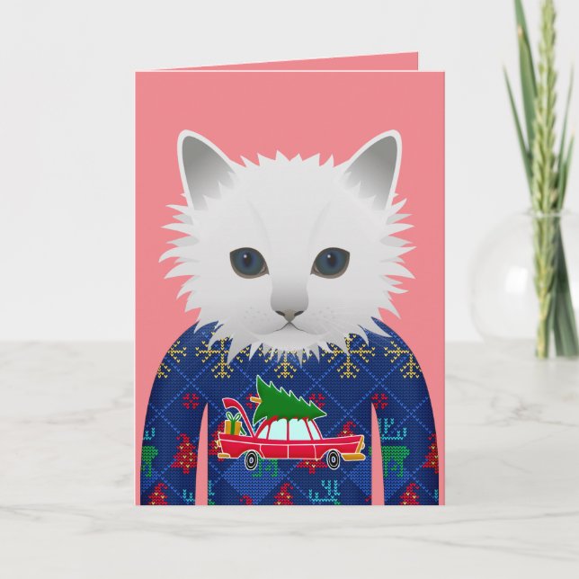CARTES DE VOEUX CHAT EN PULL DE NOËL (Devant)