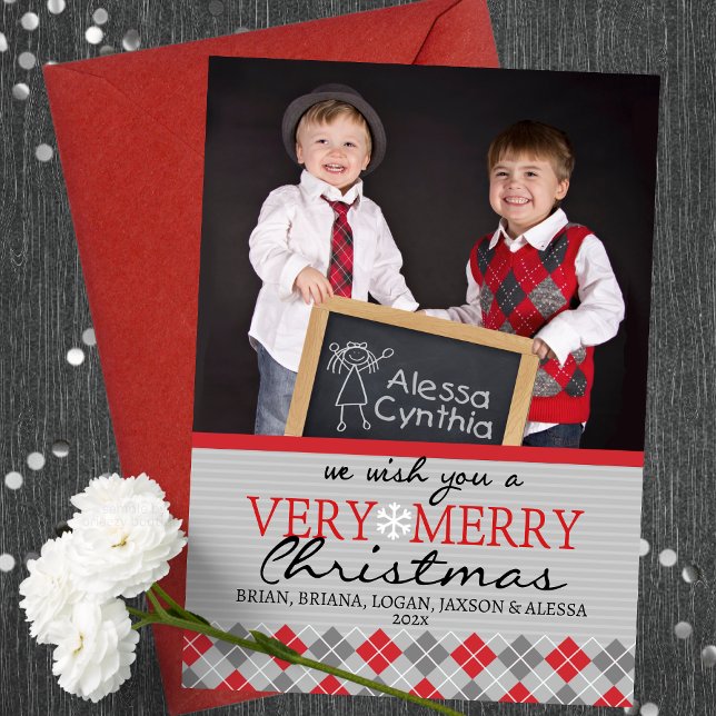 Cartes de voeux de Noël Jacquard moderne - 1 Photo (Elegant Modern Argyle 1 Photo Holiday Christmas Greeting Cards in Grey and Red)