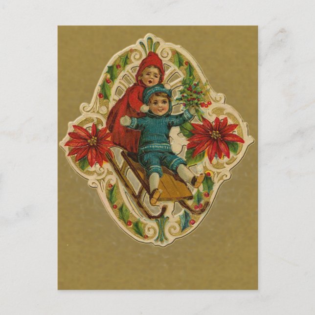 Cartes de vœux de vacances de luge et poinsettias (Devant)