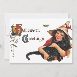 Cartes de vœux Halloween vintage, enfant sorcière 