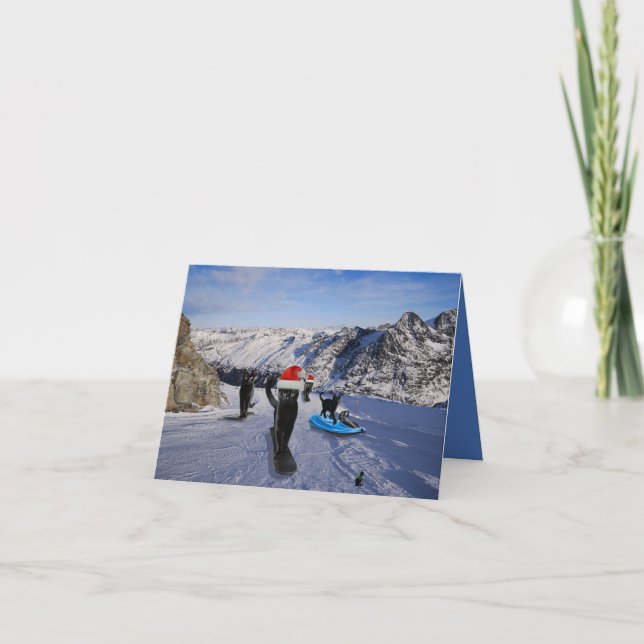 Cartes de vœux pliées Chats noirs sur snowboards (Devant)