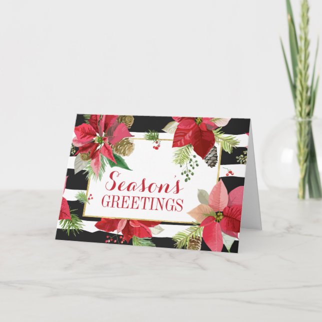 Cartes de vœux Poinsettias, rayures noires (Devant)