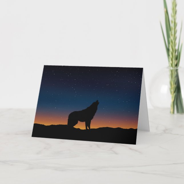 Cartes de voeux Wolf Howling Silhouette au coucher (Devant)