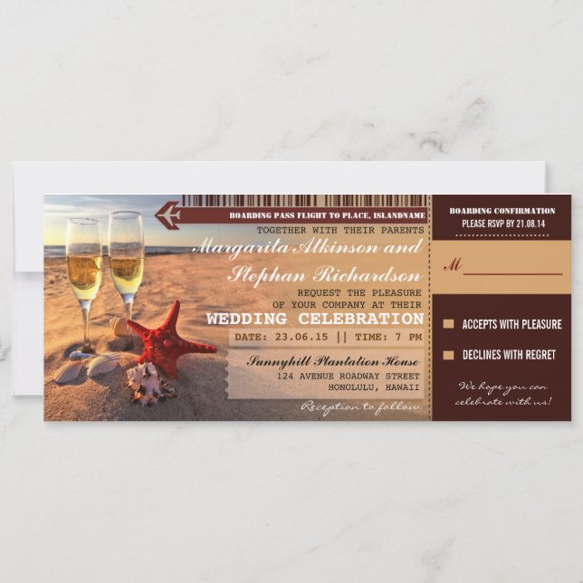 Cartes d'embarquement pour mariage Sunset beach (Devant)