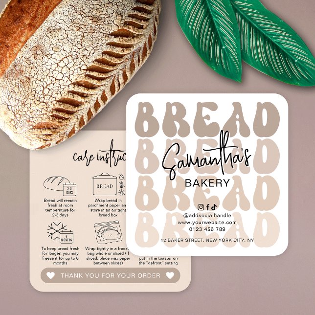 Cartes d'entretien du pain à pâte rétro Beige tend (Retro beige fresh bread care instructions cards with icons and trendy groovy fonts)