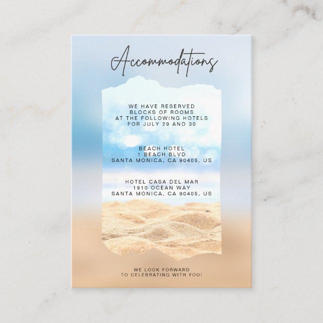 Cartes d'hébergement de mariage de plage (Devant)