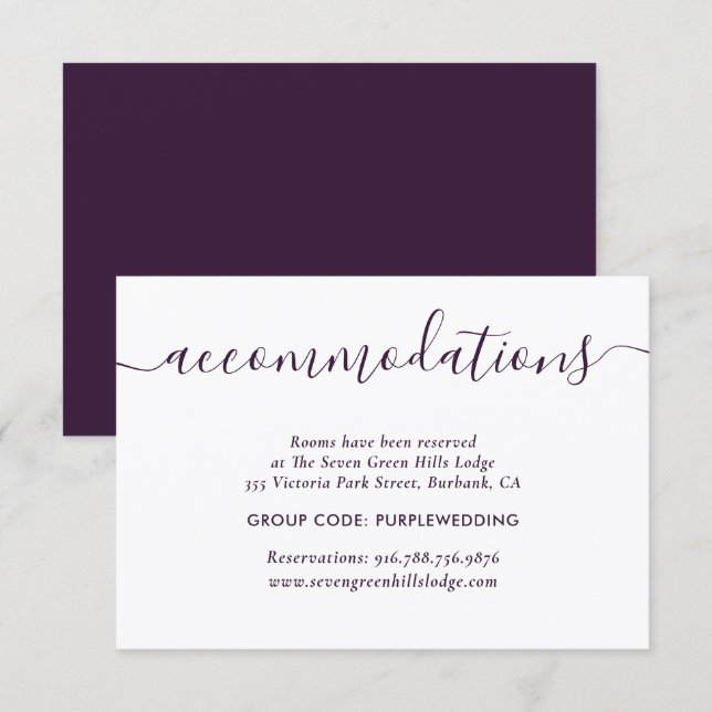 Cartes d'hébergement d'hôtel pour mariage violet (Devant / Derrière)
