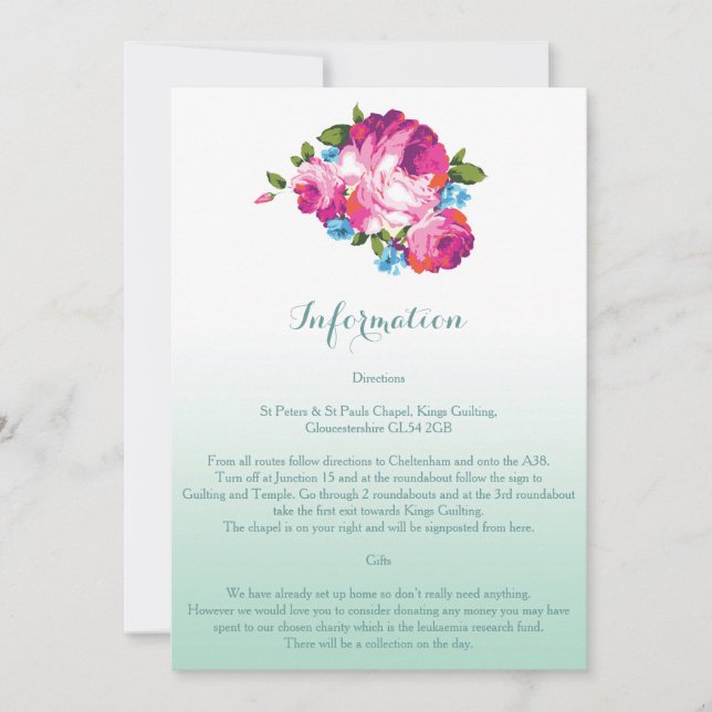 Cartes d'information de mariage floral Menthe Ombr (Devant)