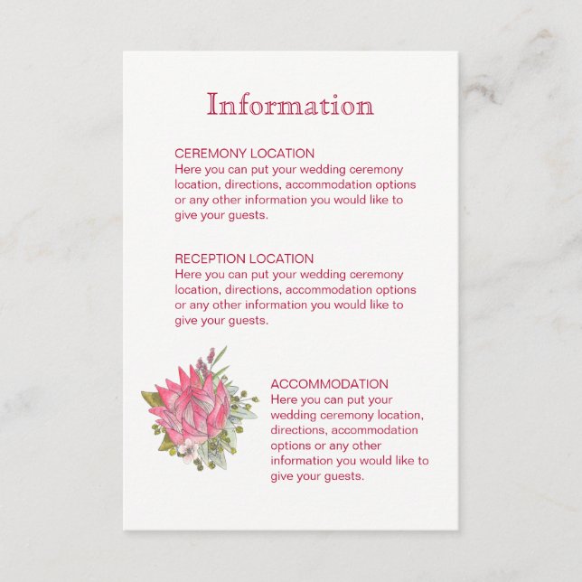 Cartes d'information du Mariage de fleurs Protea (Devant)