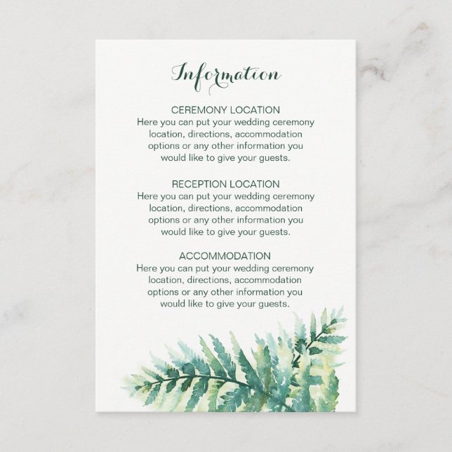 Cartes d'information du Mariage Green Fern (Devant)