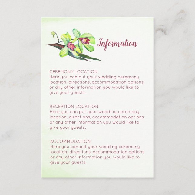 Cartes d'information du Mariage Green Orchid Marsa (Devant)