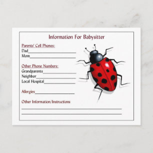 Cartes d'information pour baby-sitter : Ladybug, G