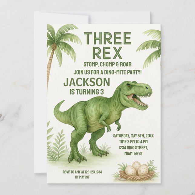 Cartes Dino Party personnalisables pour enfants (Devant)