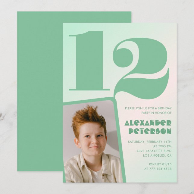Cartes d'invitation 12 ans garçon avec dégradé ver (Devant / Derrière)