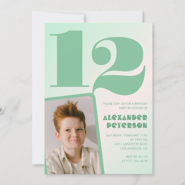 Cartes d'invitation 12 ans garçon dégradé vert Pho (Devant)