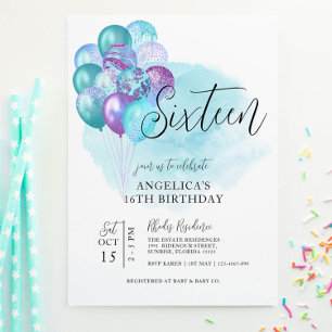 Cartes d'invitation 16 ans avec ballons sarcelle e