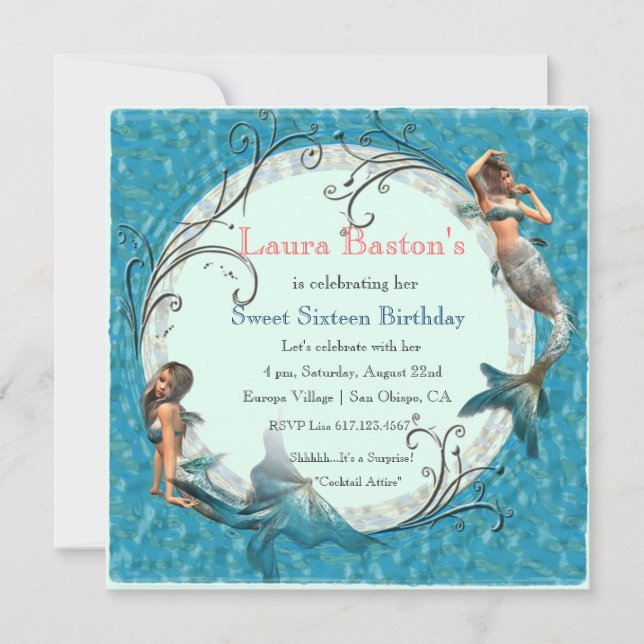 Cartes d'invitation 16 ans Sirène Bleu Turquoise (Devant)