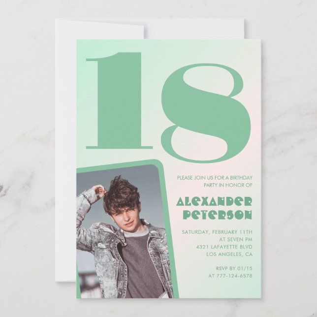 Cartes d'invitation 18 ans garçon dégradé vert Pho (Devant)