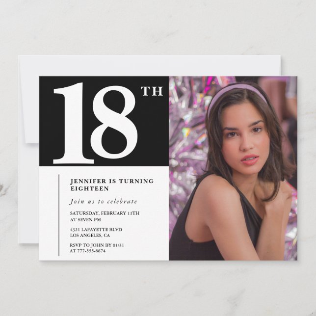 Cartes d'invitation 18 ans noir Fille Chic Photo (Devant)