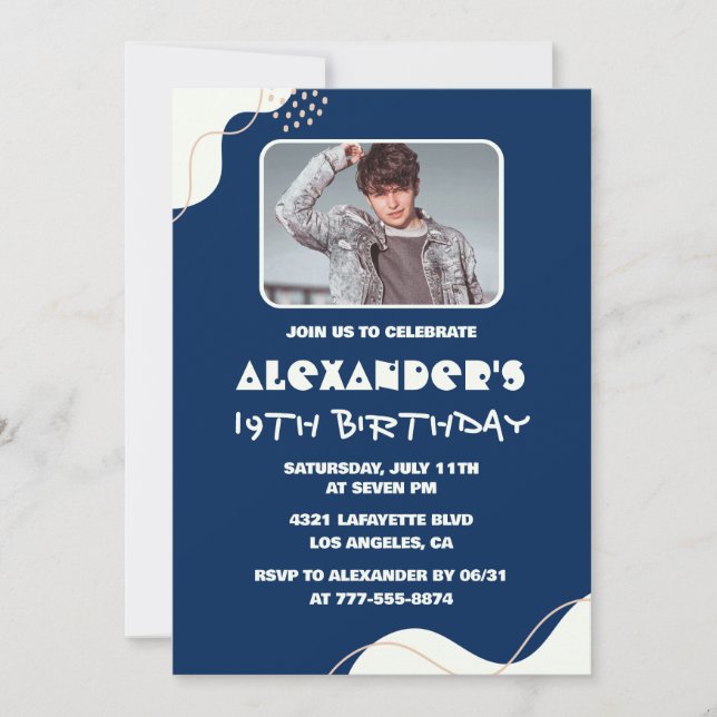 Cartes d'invitation 19 ans hommes photo simple mar (Devant)